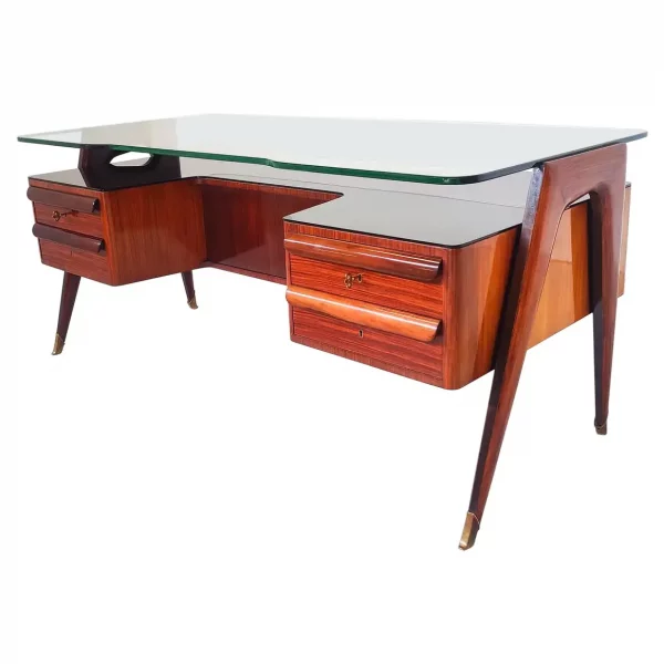 Mid-Century Modern Vittorio Dassi Desk, Wood and Glass, 1950s