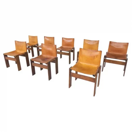 Set of 8 "Monk" Chairs by Afra & Tobia Scarpa in Cognac Leather, 1970s, Italy