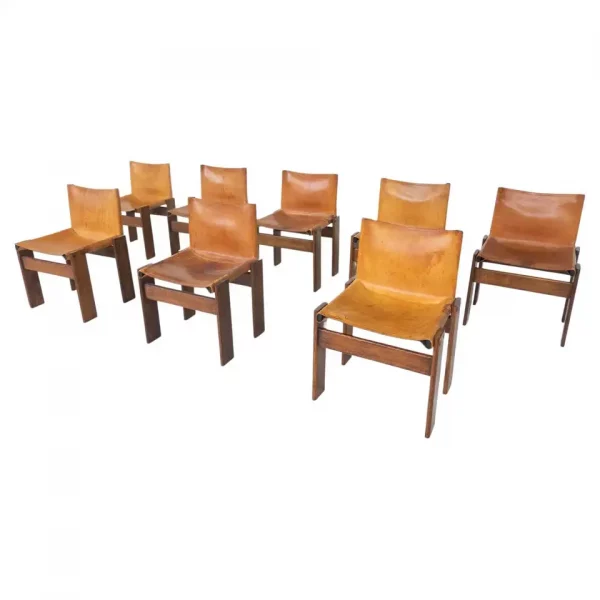 Set of 8 "Monk" Chairs by Afra & Tobia Scarpa in Cognac Leather, 1970s, Italy