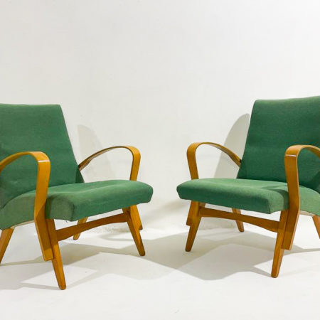 Mid-Century Modern Pair of Amarchairs,Green Upholstery, Czech, 1950s