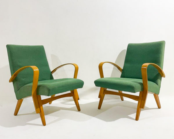 Mid-Century Modern Pair of Amarchairs,Green Upholstery, Czech, 1950s