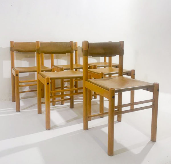 Mid-Century Modern Set of 6 Wood and Leather Chairs