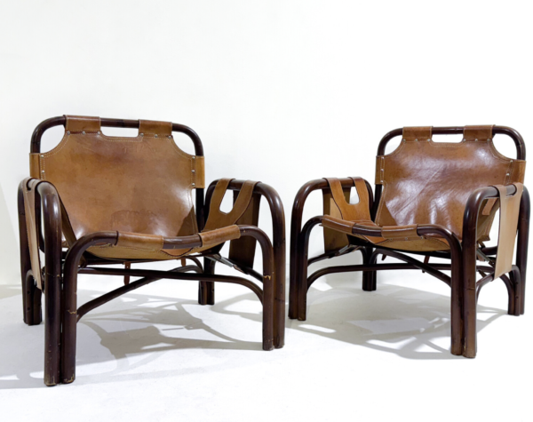 Mid-Century Modern Pair of Bamboo & Leather Armchairs by Tito Agnoli, Italy, 1960s