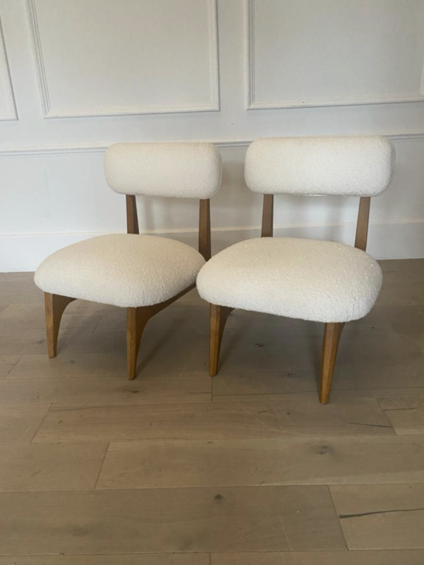 Mid Century style Italuan chairs with off white bouclet