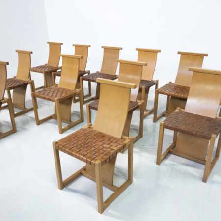 Mid-Century Modern Set of 12 Wood and Leather Chairs, Italy, 1950s