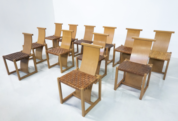 Mid-Century Modern Set of 12 Wood and Leather Chairs, Italy, 1950s
