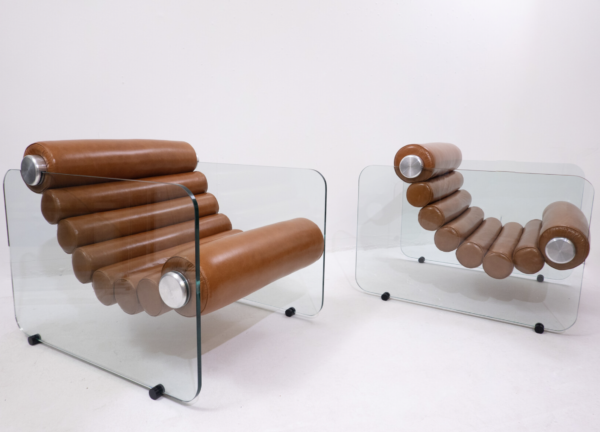 Pair of "Hyaline" Cognac leather Armchairs by Fabio Lenci - Italy 1967