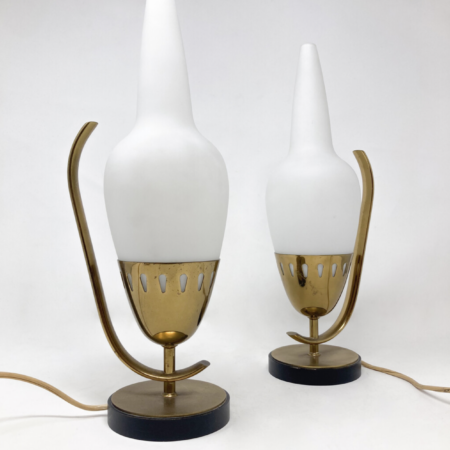 Mid-Century Modern Pair of Table Lamps, Opaline and Brass, Italy, 1960s