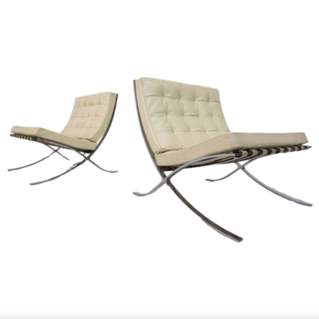 Pair of Off-White Leather Barcelona Chairs by Mies Van Der Rohe for Knoll