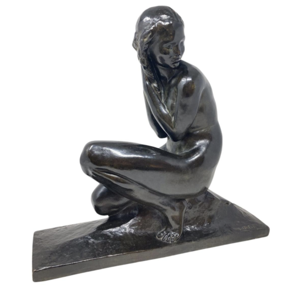 Art Deco Bronze Sculpture by Jean Ortis " NU FEMININ ACCROUPI"
