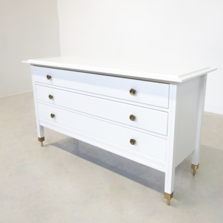 Mid-Century Modern White Chest of Drawers, Wood and Brass
