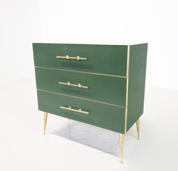 Contemporary Modern Green Chest of Drawers, Glass and Brass