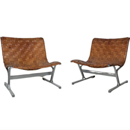 Mid-Century Pair of Lounge Chairs by Ross Littell for ICF, Cognac Leather, Italy, 1970s