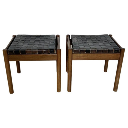 Mid-Century Modern Brown Leather and Wood Pair of Stools