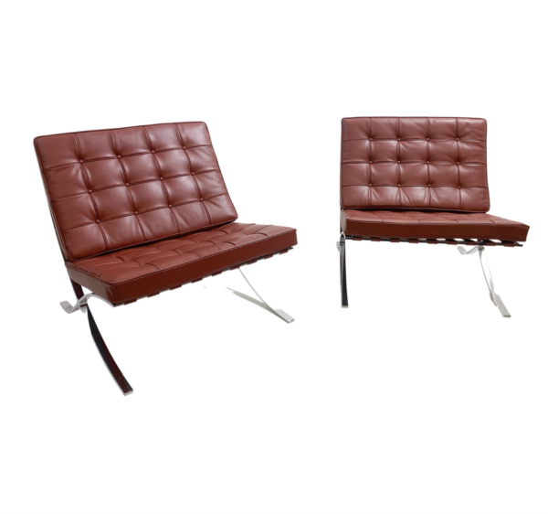 Pair of Burgundy Leather Barcelona Chairs by Mies Van Der Rohe for Knoll, 1990s