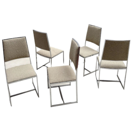 Mid-Century Modern Set of 5 Chairs Willy Rizzo Style, Chrome and Boucle Fabric