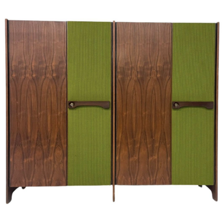 Mid-Century Modern Italian Wooden Wardrobe, Wood and Green Fabric, 1960s