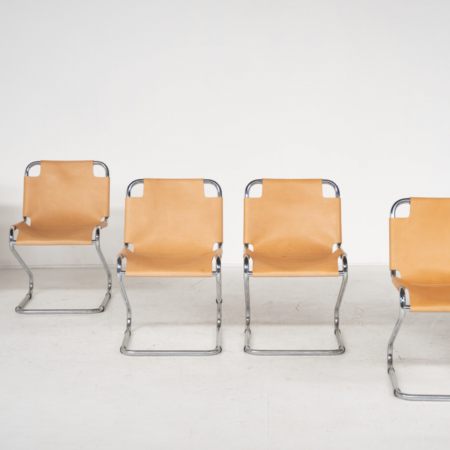 Mid-Century Modern set of 6 Armchairs, Chrome and Leather, 1970s