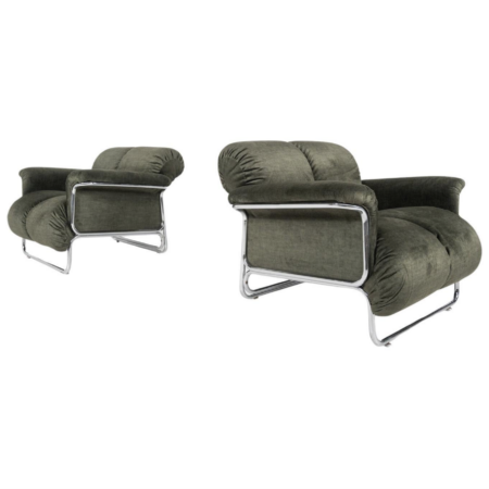 Mid-Century Modern Pair of Armchairs, Chrome and Green Fabric, 1970s