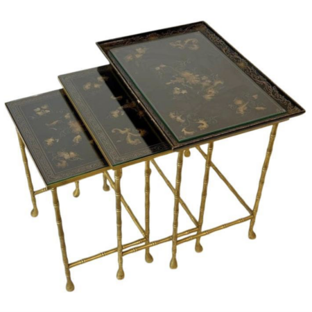 Set of 3 Nesting Tables From Maison Jansen, Lacquered Wood and Brass, France