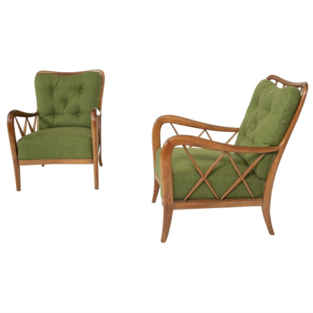 Mid-Century Modern Pair of Armchairs by Paolo Buffa, Green Upholstery, Italy