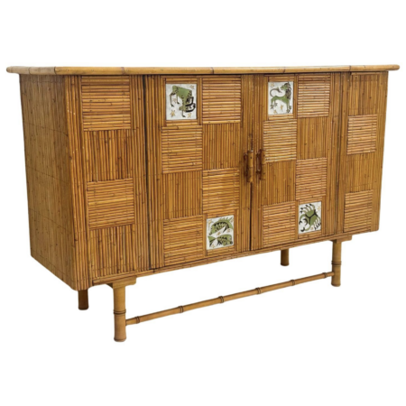 Mid-Century Rattan Sideboard with Zodiac Sign Tiles in the Style of Audoux & Min