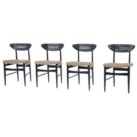 Mid-Century Modern Set of 4 Chairs by Hans Wegner, Black Wood and Rope, Denmark