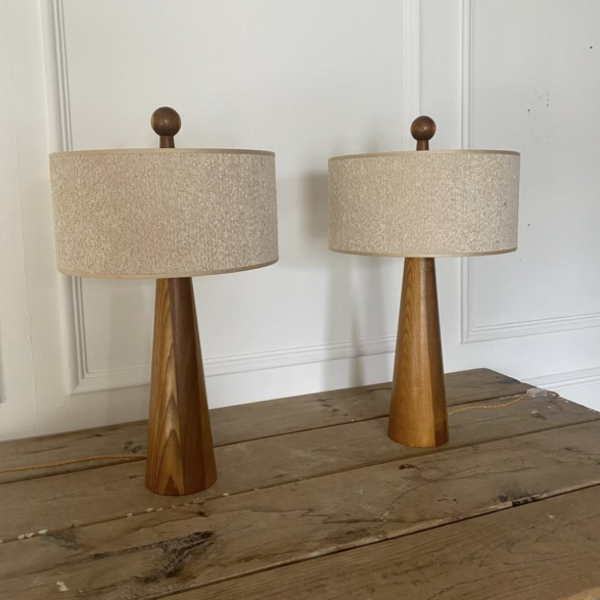 Mid-Century Style Wooden Lamps with Cream Bouclet Shades.