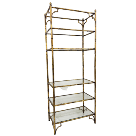 6-tier shelf in steel and gold metal imitation bamboo, glass shelves