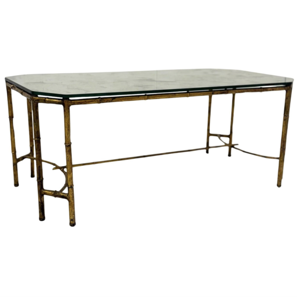 Gold Metal Faux Bamboo Coffee Table with Spacer, in the style of Maison Baguès