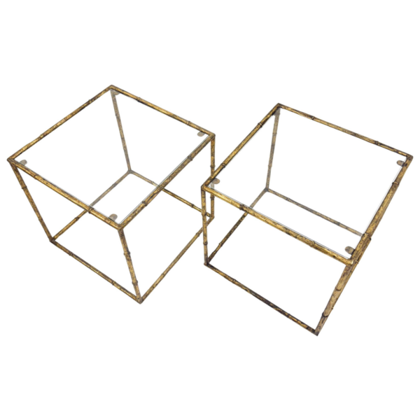 Pair of side tables in glass cube and gold metal imitation bamboo, 1970s