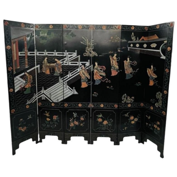 Screen With 6 Panels In Lacquered And Carved Wood - Double-Sided Decorations - China - Circa 1950