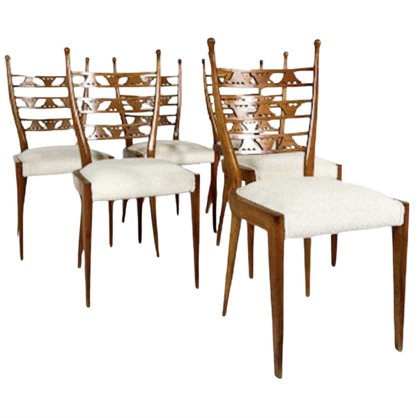 Set of 6 Chairs, Cherry Wood and Boucle Fabric, Italy, 1940s - New Upholstery