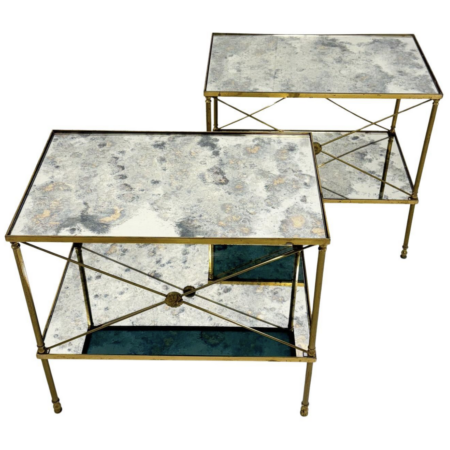 pair of side tables, brass structure and oxidized mirror tops, Maison Jansen