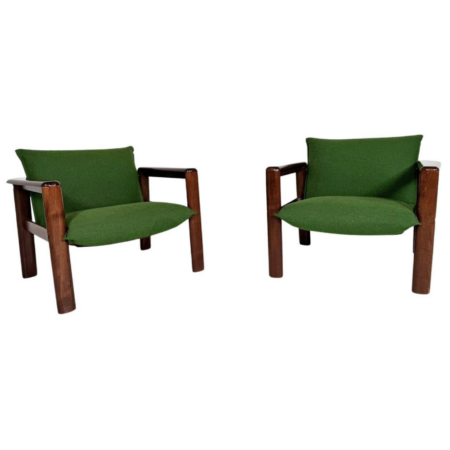 Mid-Century Modern Pair of Armchairs, Green Fabric and Wood, Italy, 1960s