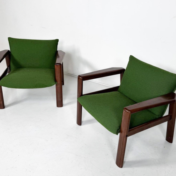 Mid-Century Modern Pair of Armchairs, Green Fabric and Wood, Italy, 1960s - Image 7