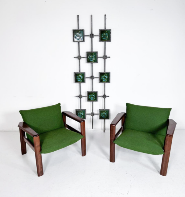 Mid-Century Modern Pair of Armchairs, Green Fabric and Wood, Italy, 1960s - Image 6