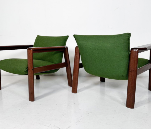 Mid-Century Modern Pair of Armchairs, Green Fabric and Wood, Italy, 1960s - Image 4