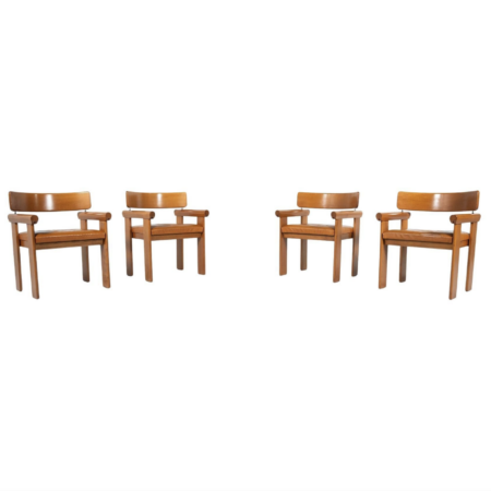 Set of 4 Architectural Armchairs, cognac leather, Italy