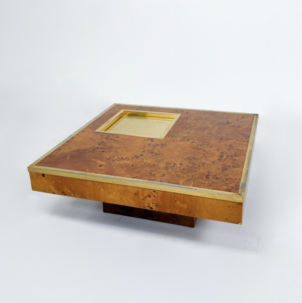 Mid-Century Modern Coffee Table, Burl Wood and Brass, 1970s