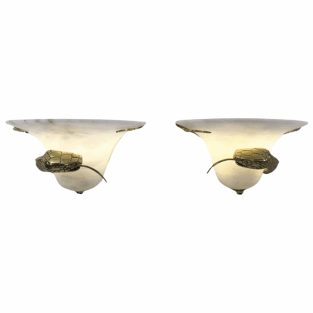 Mid-Century Pair of Snake Wall Lights, Brass and Alabaster, Italy, 1970s