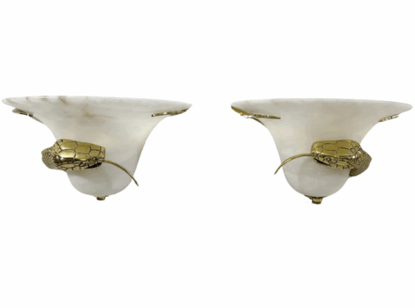 Mid-Century Pair of Snake Wall Lights, Brass and Alabaster, Italy, 1970s - Image 7