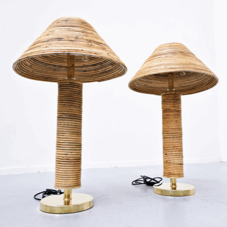 Contemporary Pair of Brass and Bamboo Table Lamp, Italy