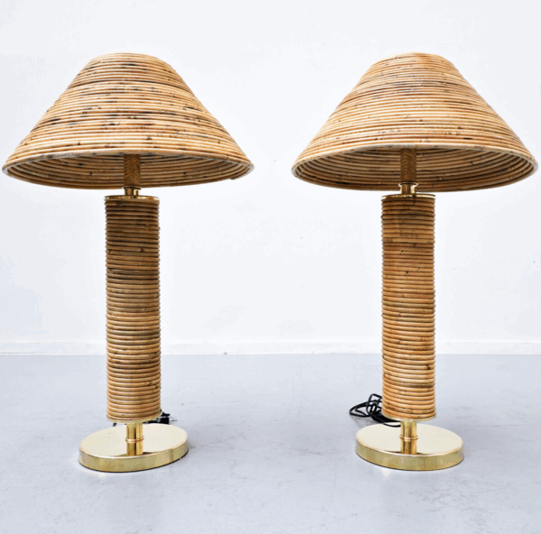 Contemporary Pair of Brass and Bamboo Table Lamp, Italy - Image 4
