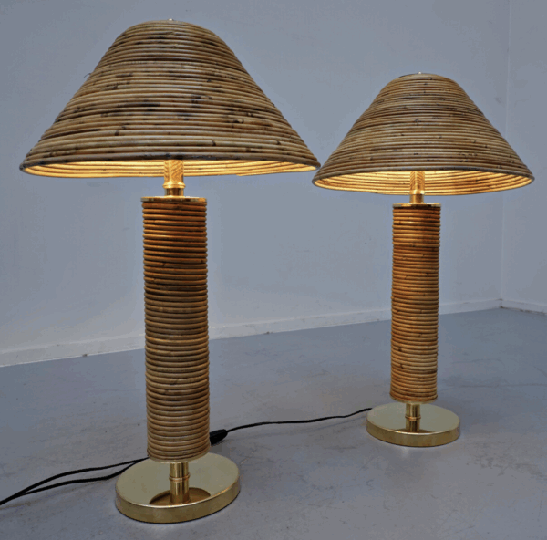 Contemporary Pair of Brass and Bamboo Table Lamp, Italy - Image 3