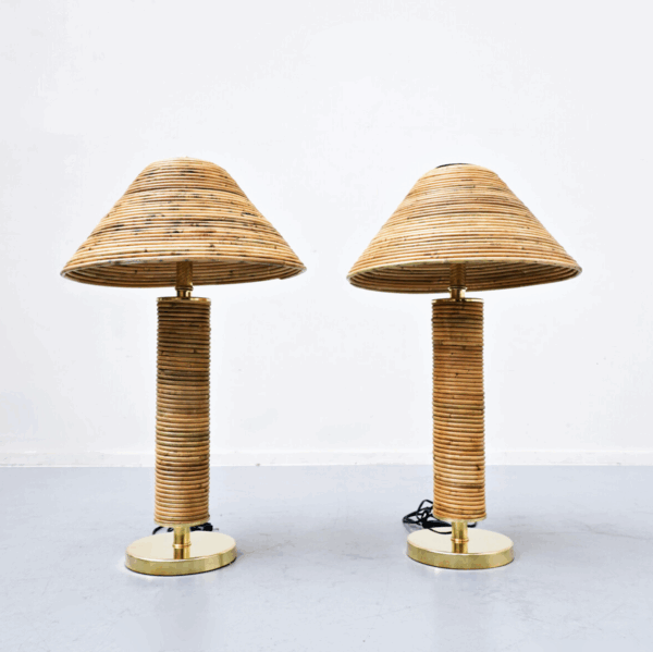 Contemporary Pair of Brass and Bamboo Table Lamp, Italy - Image 6