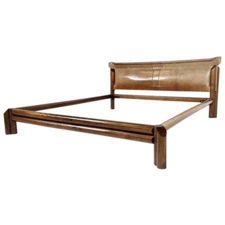 Mid-Century Modern Bed, Wood and Leather, Italy