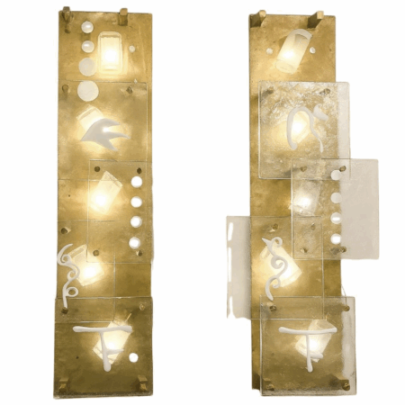 Mid-Century Modern Pair of Wall Lights, Glass and Brass, Italy