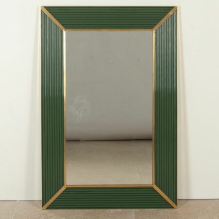 Italian wall mirror with green ribbed frame and brass trim, geometric mid-century design