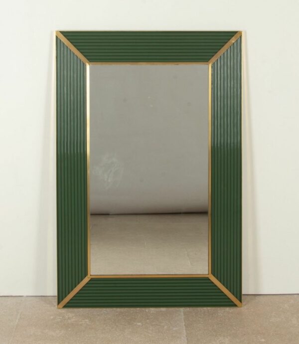 Italian wall mirror with green ribbed frame and brass trim, geometric mid-century design